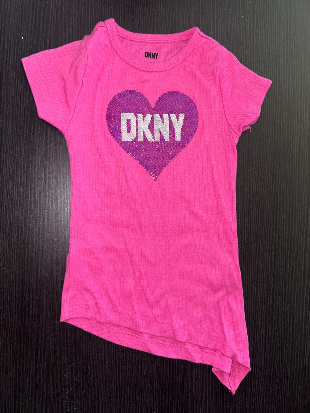 DKNY Girls Bright Pink Short Sleeve Tee with Purple Heart Logo